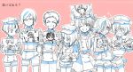  6+boys ;d ^_^ akita_toushirou atsushi_toushirou cape closed_eyes drawing dress gokotai hat hirano_toushirou ichigo_hitofuri itaru_souga maeda_toushirou male_focus midare_toushirou military military_uniform monochrome multiple_boys necktie open_mouth shorts smile sode tiger touken_ranbu translation_request trap uniform wink yagen_toushirou 