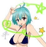  1girl aqua_hair arm_up bare_shoulders bikini bikini_top black_bikini black_swimsuit blue_eyes blush breasts cleavage collarbone commentary_request green_hair heart heterochromia highres karakasa_obake large_breasts looking_at_viewer pointing pointing_up red_eyes shirikodama_(cure_meat) short_hair simple_background solo star swimsuit tatara_kogasa tongue tongue_out touhou umbrella upper_body white_background 