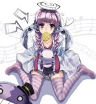  1girl braid bread bread_in_mouth character_request divine_gate food food_in_mouth highres looking_at_viewer melon_bread minutachi mouth_hold musical_note purple_hair sitting twin_braids violet_eyes wariza 