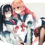  2girls akashi_(kantai_collection) all_fours black-framed_glasses black_hair blue_eyes blue_skirt blush face-to-face green_eyes hairband kantai_collection long_hair long_sleeves looking_at_another multiple_girls neckerchief ooyodo_(kantai_collection) payot pink_hair pleated_skirt sailor_collar school_uniform serafuku skirt solo tanuma_(tyny) thigh-highs wavy_mouth yuri 