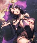  1girl alternate_costume bare_shoulders boots breasts bridal_gauntlets card_(medium) chaos_heroes_online demon_wings full_moon head_tilt long_hair looking_at_viewer love_cacao moon nivas official_art parted_lips purple_hair simple_background skull solo thigh-highs thigh_boots very_long_hair violet_eyes wings 