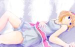  1girl alice_margatroid bare_arms blonde_hair bloomers blue_eyes expressionless facing_away gradient gradient_background hairband hand_on_own_stomach knee_up kona_(cetona) legs lolita_hairband lying on_back sash short_hair touhou underwear 