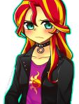  00riko 1girl choker flat_chest green_eyes highres leather_jacket multicolored_hair my_little_pony my_little_pony_friendship_is_magic personification simple_background sunset_shimmer two-tone_hair 