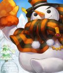  alternate_costume artist_request black_eyes building card_(medium) carrot chaos_heroes_online christmas_tree christmas_wreath hat igloo mittens no_humans official_art outdoors running sky smile snowman solo stonecold_(chaos_online) top_hat winter 