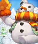  alternate_costume artist_request black_eyes bucket bucket_on_head building card_(medium) carrot chaos_heroes_online christmas_tree christmas_wreath earmuffs igloo mittens no_humans object_on_head official_art outdoors running scarf sky smile snowman solo stonecold_(chaos_online) winter 