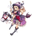 1girl alternate_costume aqua_eyes blonde_hair boots broken_(chaos_online) broom broom_riding chaos_heroes_online full_body hat hobby_horse long_hair love_cacao official_art pinky_out simple_background skull smile solo transparent_background wand witch witch_hat 