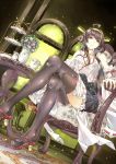  1girl black_boots black_legwear boots breasts chair cheese_kang dutch_angle flower highres indoors kantai_collection kongou_(kantai_collection) large_breasts miniskirt nontraditional_miko sitting skirt solo thigh-highs thigh_boots tiered_tray vase 