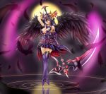  1girl arm_up bare_shoulders black_hair blackdeeno breasts cleavage feathers flower full_moon hair_flower hair_ornament jewelry large_breasts moon persephone_(p&amp;d) pointy_ears puzzle_&amp;_dragons ripples scythe solo tiara violet_eyes wings 