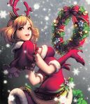  1girl alternate_costume antlers breasts brown_eyes brown_hair card_(medium) chaos_heroes_online christmas christmas_wreath gloves hairband looking_at_viewer love_cacao official_art open_mouth reindeer_antlers reindeer_ears santa_costume shapina short_hair smile snowflakes solo wreath 