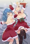  2girls absurdres alternate_costume armpits bare_shoulders black_legwear blue_eyes blue_hair breasts cleavage detached_sleeves double_bun dress eyes_visible_through_hair hair_ornament hair_over_one_eye hairclip hamakaze_(kantai_collection) highres kantai_collection large_breasts long_hair looking_at_viewer multiple_girls red_dress santa_costume sarfata short_hair silver_hair thigh-highs urakaze_(kantai_collection) 