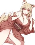  1girl animal_ears blonde_hair breasts cleavage fox_ears fox_tail highres japanese_clothes kimono large_breasts looking_at_viewer lying obi off_shoulder on_side open_clothes open_kimono open_mouth original panties pantyshot pantyshot_(lying) red_eyes sash smile solo tail underwear upskirt white_panties zenn 