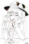  1girl bow chin_rest eating food fruit fuente hair_bow happy hat highres ice_cream monochrome necktie open_mouth ribbon short_hair smile solo strawberry touhou usami_renko 