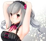  1girl armpits arms_behind_head black_swimsuit blush bow breasts frilled_swimsuit frills grey_hair hairband idolmaster idolmaster_cinderella_girls izumil kanzaki_ranko looking_at_viewer pink_bow red_eyes short_hair solo swimsuit twintails 