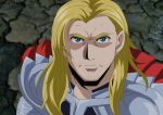  1boy armor avengers beard blonde_hair blue_eyes cape facial_hair fake_screenshot highres marvel solo takesake thor_(marvel) 