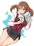  1girl :d brown_eyes brown_hair highres idolmaster idolmaster_cinderella_girls microphone miniskirt necktie open_mouth royale_style_(idolmaster) scrunchie shirt skirt smile solo totoki_airi vest zenn 