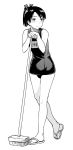  1girl bare_legs bare_shoulders blush broom full_body kantai_collection looking_away monochrome name_tag nathaniel_pennel ponytail sandals school_swimsuit shikinami_(kantai_collection) short_hair simple_background solo swimsuit white_background 