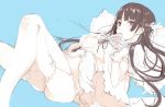  1girl bangs blue_background blue_eyes book breasts brown_hair feathers gloves hair_feathers holding holding_book lace-up_legwear limited_palette long_hair looking_at_viewer original pillow ribbon shunsei_(muratou) sketch solo white_gloves 
