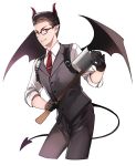  1boy axe black_hair demon_horns demon_tail demon_wings glasses gloves horns joseph_oda red_eyes solo tail the_evil_within vest waistcoat weapon wings yasuda_(fareast_blade) 