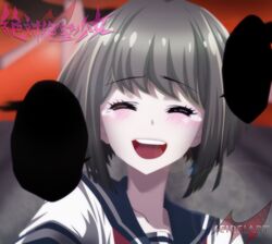  1girl artist_name blush brown_hair closed_eyes copyright_name crying dangan_ronpa naegi_komaru school_uniform seireiart serafuku short_hair solo speech_bubble zettai_zetsubou_shoujo 