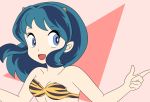  1girl bikini blue_eyes breasts cleavage collarbone dancing eyelashes eyeshadow green_hair horns long_hair lum lum10 makeup oni open_mouth pointing pointy_ears ranma_1/2 simple_background smile solo swimsuit tiger_print triangle urusei_yatsura 