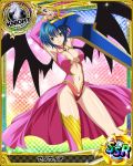 1girl arms_up blue_hair breasts brown_eyes cleavage demon_wings dress hair_ribbon high_school_dxd jewelry knight_(chess) looking_at_viewer navel necklace official_art ribbon short_hair solo sword trading_cards weapon wings xenovia_(high_school_dxd) 