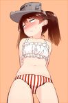  1girl blew_andwhite blush brown_hair cinderella_bust hat highres kantai_collection long_hair navel red_eyes ryuujou_(kantai_collection) solo striped swimsuit tankini twintails vertical_stripes visor_cap 
