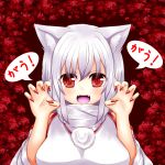  1girl animal_ears autumn_leaves bare_shoulders blush breasts detached_sleeves fangs fingernails highres inubashiri_momiji large_breasts leaf leaf_background looking_at_viewer nail_polish no_hat oohirakeisuke open_mouth pom_pom_(clothes) red_eyes short_hair silver_hair solo touhou translation_request wolf_ears 