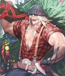  1boy alternate_costume artist_request axe bauble beanie beard belt black_gloves blonde_hair brown_eyes candy candy_cane card_(medium) chaos_heroes_online christmas christmas_ornaments christmas_tree cowboy_shot facial_hair fingerless_gloves gloves hat kunkka_(chaos_online) long_hair looking_at_viewer lumberjack male_focus muscle official_art open_mouth single_glove solo suspenders tattoo weapon 