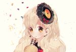 1girl :t blonde_hair blush earrings jewelry long_hair lunchicken mayu_(vocaloid) microphone simple_background vocaloid yellow_eyes 