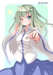  1girl blue_eyes green_hair kochiya_sanae long_hair ominaeshi_(takenoko) one_eye_closed solo touhou 