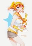  1girl ;d alternate_hairstyle artist_name bare_shoulders blush bow bunny_shake cake eating elbow_gloves food fringe fruit gloves hair_bow hair_ornament happy_birthday holding_fork holding_plate kousaka_honoka looking_at_viewer love_live!_school_idol_project one_eye_closed open_mouth polka_dot_scarf shorts side_ponytail simple_background sleeveless sleeveless_shirt smile solo star strawberry text visor_cap 