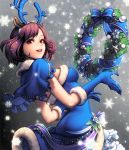 1girl alternate_costume antlers breasts brown_hair card_(medium) chaos_heroes_online christmas christmas_wreath gloves hairband looking_at_viewer love_cacao official_art open_mouth red_eyes reindeer_antlers reindeer_ears santa_costume shapina short_hair smile snowflakes solo wreath 
