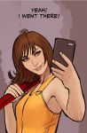  1girl artist_request brown_hair cellphone commentary english final_fantasy final_fantasy_viii green_eyes highres lips nebezial nunchaku parted_lips phone pun selphie_tilmitt smartphone smile solo stjepan_sejic weapon 