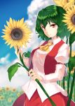  1girl absurdres armband ascot awa_(3anco00) blue_sky blurry breasts clouds collared_shirt depth_of_field fingernails flower from_side garden_of_the_sun green_hair hands highres holding holding_flower kazami_yuuka long_skirt long_sleeves looking_at_viewer open_clothes open_vest puffy_long_sleeves puffy_sleeves red_eyes red_skirt reflective_eyes shiny shiny_hair short_hair side_glance skirt sky smile solo sunflower touhou untucked_shirt vest 