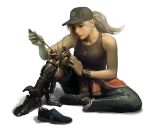  1girl bare_shoulders baseball_cap breasts clothes_around_waist cyborg dog_tags grey_hair hat kokecit lips long_hair mechanical_leg nose original ponytail prosthesis prosthetic_leg screwdriver shoes single_shoe sitting sneakers solo sweater_around_waist tank_top watch watch white_background 