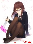  1girl ama_mitsuki arm_support black-framed_glasses blazer blood brown_eyes brown_hair brown_legwear glasses highres loafers long_hair looking_at_viewer necktie original pantyhose school_uniform shoes simple_background sitting solo stuffed_toy sweater_vest thighband_pantyhose white_background 