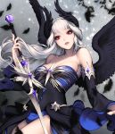  1girl alternate_costume black_wings breasts card_(medium) chaos_heroes_online cowboy_shot feathered_wings feathers head_wings long_hair looking_at_viewer love_cacao official_art parted_lips red_eyes sheryl_(chaos_online) smile solo sword weapon white_hair wings 