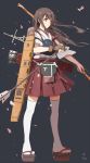  1girl akagi_(kantai_collection) arrow bow_(weapon) brown_eyes brown_hair flight_deck ghost_(ghost528) hakama highres holding japanese_clothes kantai_collection long_hair machinery muneate petals pleated_skirt simple_background sketch skirt solo thigh-highs weapon white_legwear wind zettai_ryouiki 