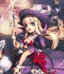  1girl alternate_costume aqua_eyes blonde_hair boots broken_(chaos_online) broom broom_riding card_(medium) chaos_heroes_online full_moon hat hobby_horse long_hair love_cacao moon night night_sky official_art pinky_out skull sky smile solo star_(sky) wand witch witch_hat 