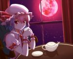  1girl ascot blue_hair brooch chair cup dress full_moon hat hat_ribbon jewelry looking_at_viewer mob_cap moon moonlight negishio night petals pink_dress puffy_short_sleeves puffy_sleeves red_eyes red_moon remilia_scarlet ribbon short_sleeves sitting smile solo table teacup teapot touhou window wrist_cuffs 
