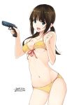  1girl bikini blue_eyes breasts brown_hair cleavage cocked_hammer contrapposto cowboy_shot dated front-tie_top gun handgun leaning_forward long_hair low_twintails navel open_mouth pistol simple_background solo swimsuit twintails twitter_username unasaka_ryou weapon white_background yellow_bikini 