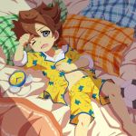  1boy alarm_clock analog_clock arm_up blue_eyes blush brown_hair clock from_above highres inazuma_eleven_(series) inazuma_eleven_go lightning_bolt lying male_focus matsukaze_tenma navel on_back one_eye_closed open_clothes open_mouth open_shirt pajamas pillow short_hair solo star waking_up 
