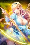  1girl blonde_hair breasts cleavage dress hairband hobak jewelry large_breasts linia_pacifica long_hair lowres necklace official_art solo sword sword_girls violet_eyes wavy_hair weapon 
