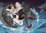  2girls :d afloat black_eyes black_hair blurry boots depth_of_field detached_sleeves glasses gnity hairband hiei_(kantai_collection) high_heel_boots high_heels horizon kantai_collection kirishima_(kantai_collection) machinery multiple_girls night night_sky nontraditional_miko ocean open_mouth panties pantyshot short_hair sky smile star_(sky) starry_sky thigh-highs thigh_boots turret underwear white_panties 
