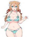  1girl animal_ears aqua_bikini aqua_eyes bikini blush bouncing_breasts breasts brown_hair cat_ears cleavage collarbone hair_ribbon highres large_breasts long_hair low_twintails navel open_mouth original ribbon side-tie_bikini simple_background smile solo swimsuit twintails under_boob white_background zenn 