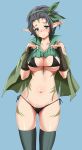  1girl bikini black_hair blush breasts cape earrings endou_masatoshi fingerless_gloves gloves green_eyes hairband jewelry looking_at_viewer navel pointy_ears shiny shiny_skin side-tie_bikini skindentation solo standing swimsuit thigh-highs under_boob 
