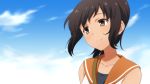  1girl anime_coloring brown_eyes brown_hair clouds commentary_request dark_skin i-401_(kantai_collection) ikari_manatsu kantai_collection official_style ponytail school_uniform serafuku short_hair sky sleeveless smile solo strap 