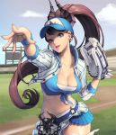  1girl alternate_costume baseball_cap baseball_mitt baseball_stadium blue_eyes breasts brown_hair card_(medium) chaos_heroes_online cleavage clouds collarbone cowboy_shot demon_horns earrings fingernails front-tie_top hat horns jacket jewelry long_fingernails long_hair love_cacao midriff navel official_art open_clothes open_jacket outdoors parted_lips pleated_skirt ponytail serena_(chaos_online) skirt sky solo throwing tied_shirt 