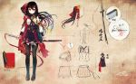  1girl absurdres belt black_hair black_legwear black_shoes blood cape character_sheet cherry_blossoms dress floral_print hair_ornament hairclip highres holster jugatsu_junichi katana loafers long_hair long_sleeves looking_at_viewer original pantyhose red_eyes sheath sheathed shoes side_ponytail sketch skirt smile solo sword very_long_hair weapon 