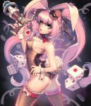  1girl animal_ears breasts bunny_tail bunnysuit card_(medium) chaos_heroes_online detached_collar dice green_eyes hat long_hair love_cacao mini_top_hat official_art pink_hair rabbit_ears solo tail thigh-highs top_hat twintails tyria_(chaos_online) very_long_hair wrist_cuffs 